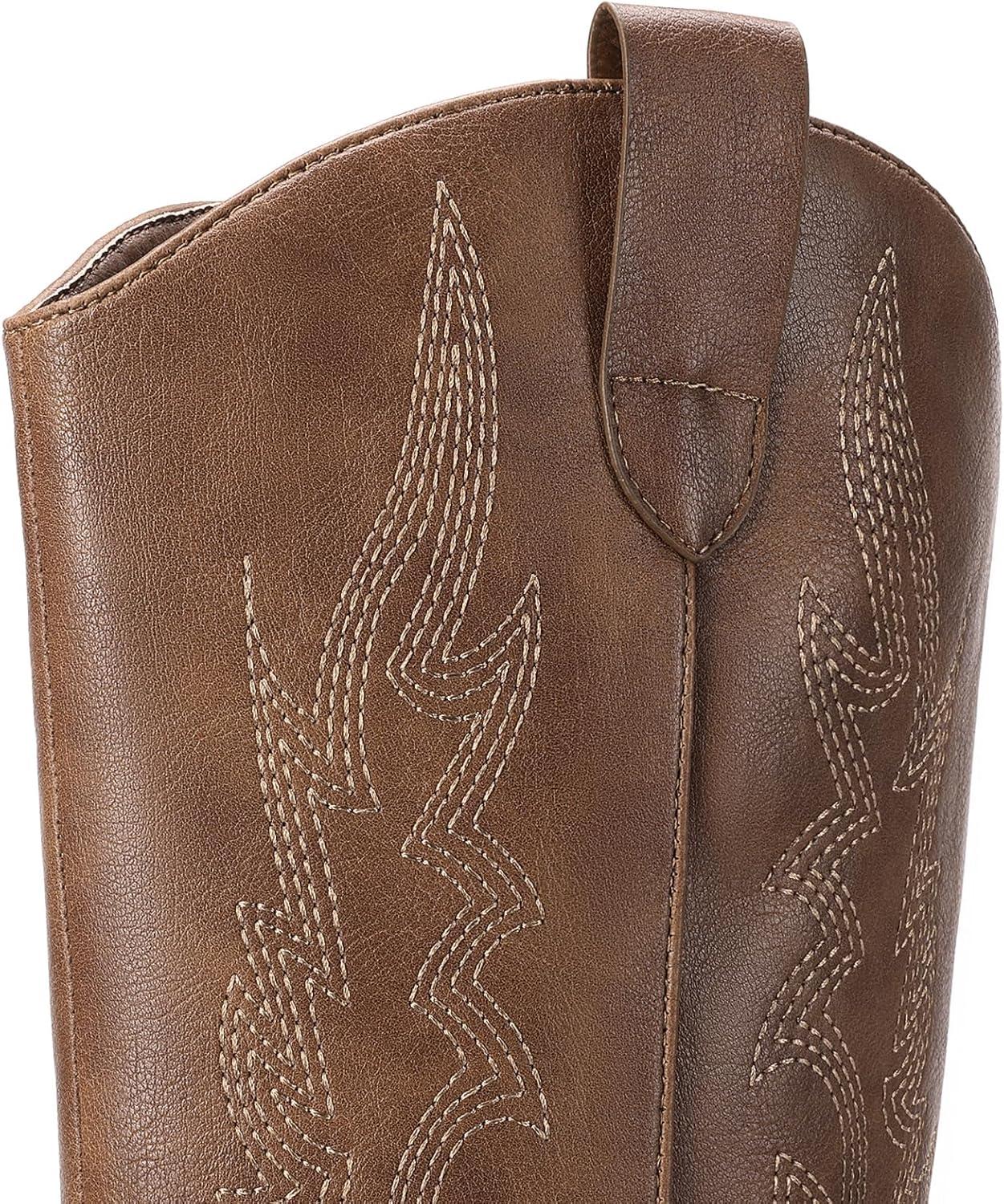 imageDREAM PAIRS Womens Cowboy Boots Wide Calf Comfortable Pull On Zipper Chunky Heel Pointed Toe Embroidered Western Cowgirl Knee High Boots Ladies Retro Tall BootLight Brown