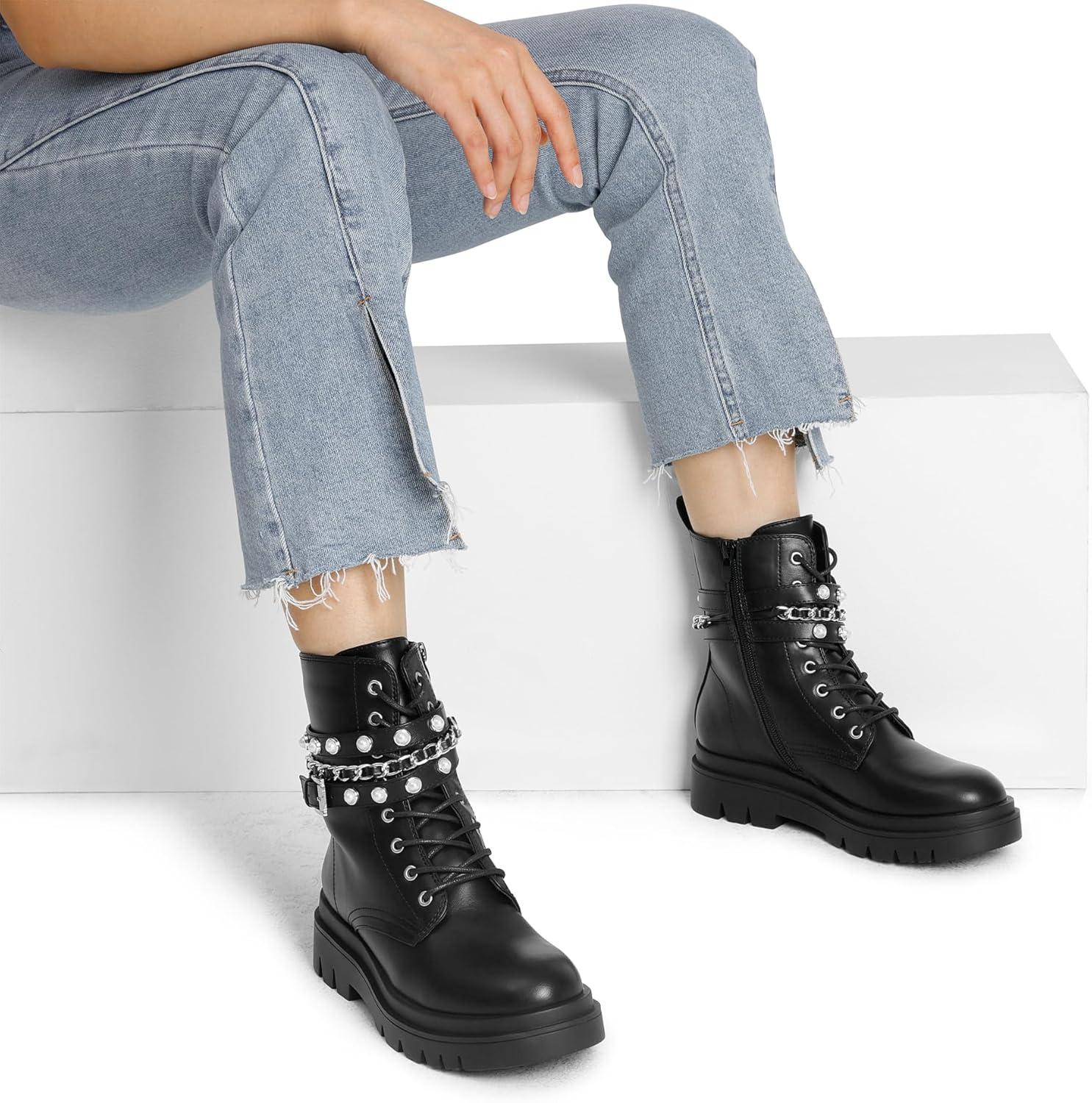 imageDREAM PAIRS Womens Fashion Platform Combat Boots Lace Up Lug Sole Goth Ankle Booties ShoesBlack