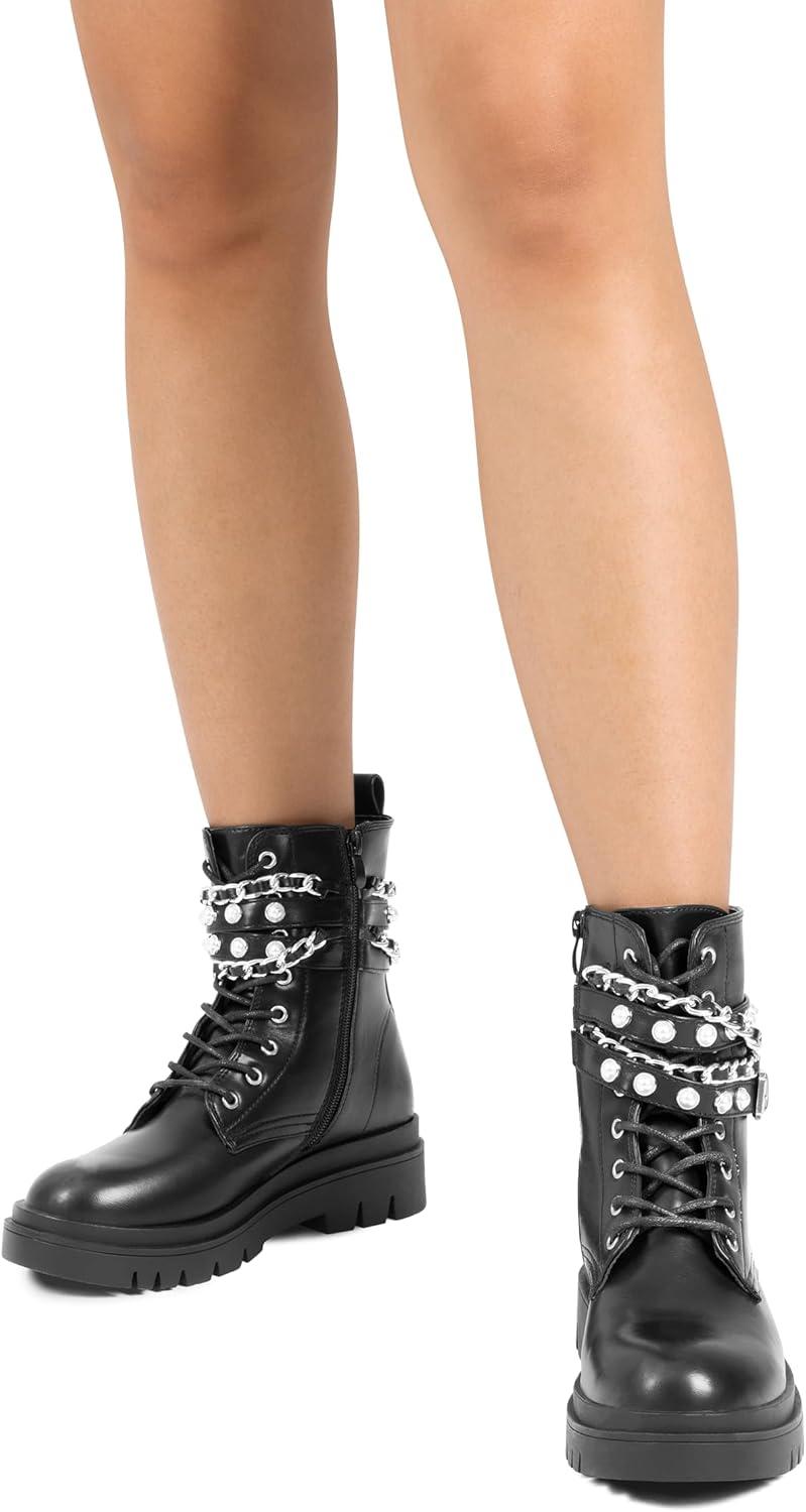 imageDREAM PAIRS Womens Fashion Platform Combat Boots Lace Up Lug Sole Goth Ankle Booties ShoesBlack