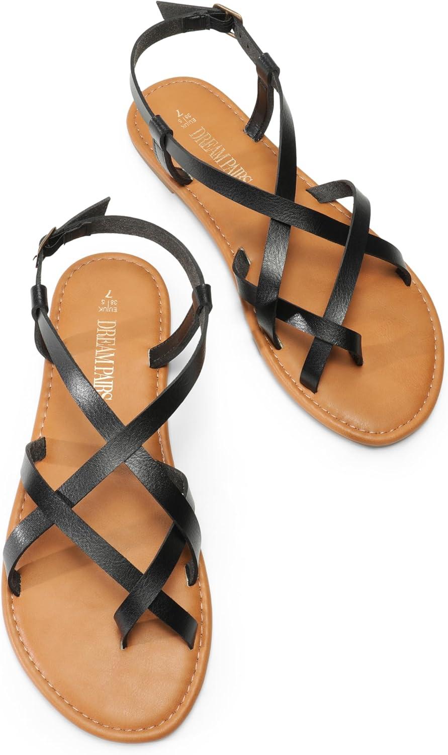 imageDREAM PAIRS Womens Flat Sandals Strappy Dressy Comfortable Ankle Strap Casual Summer Thong Sandals for Beach