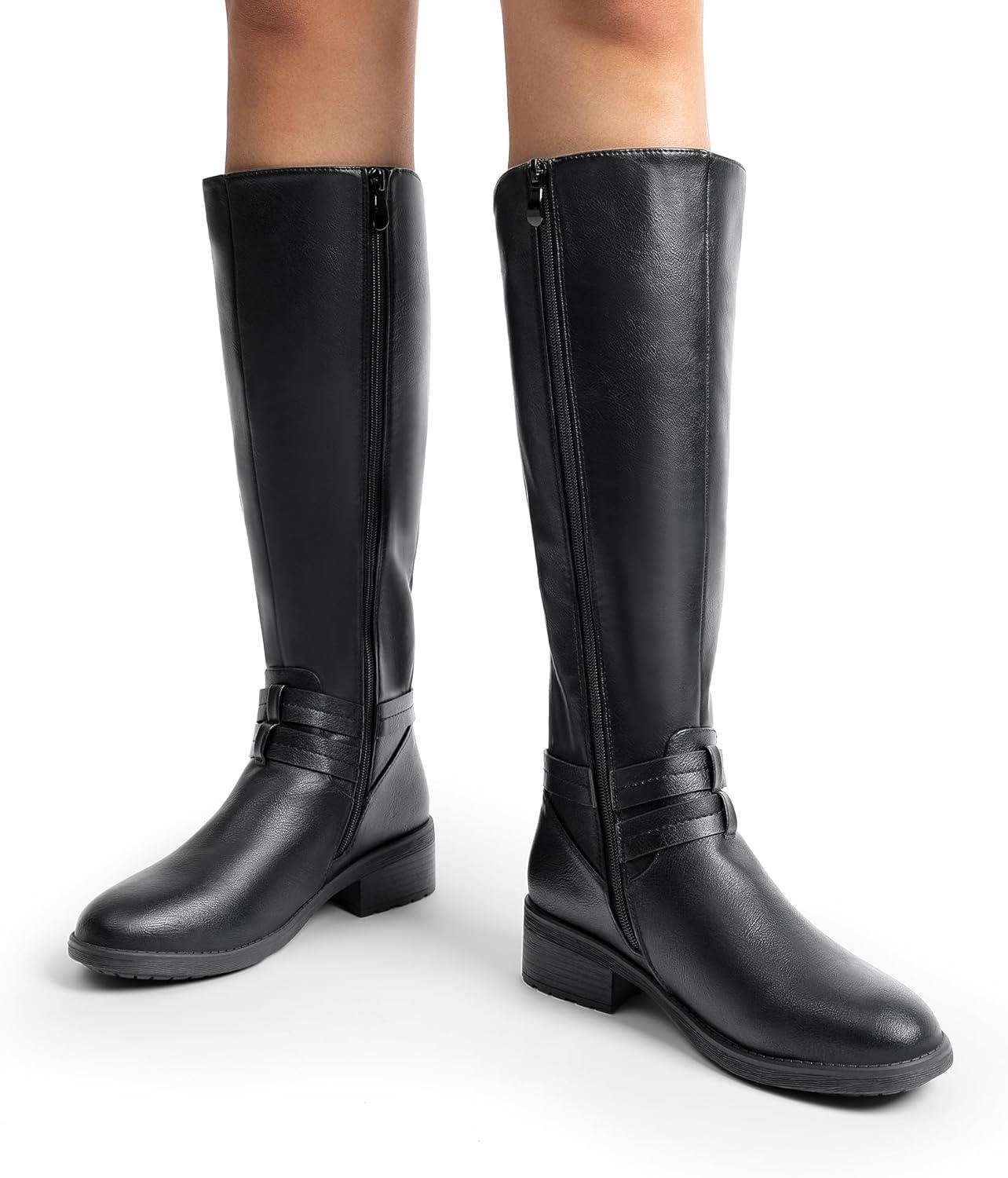 imageDREAM PAIRS Womens Knee High Boots Buckle Riding BootsBlacku