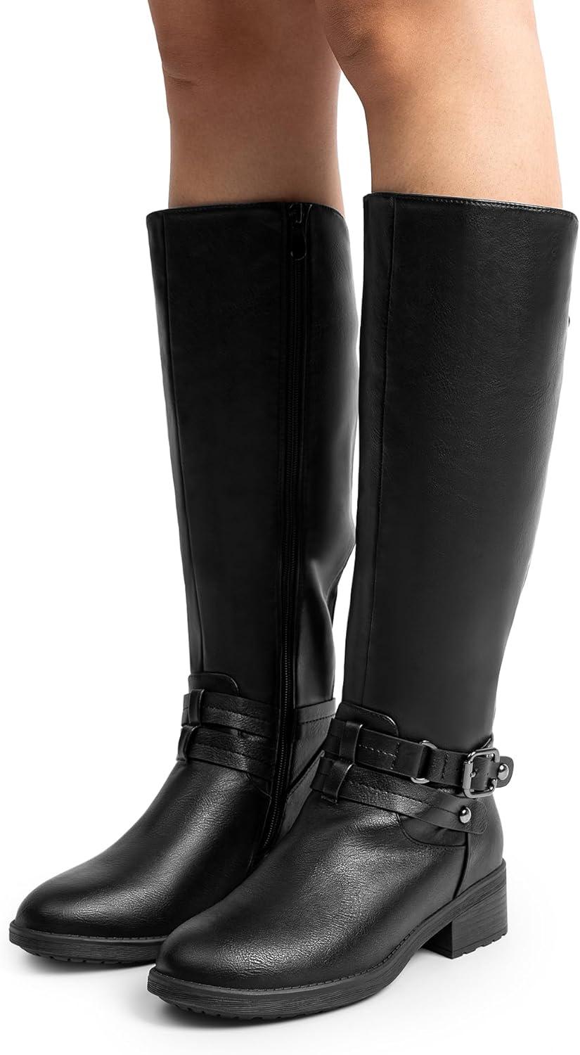 imageDREAM PAIRS Womens Knee High Boots Buckle Riding BootsBlacku