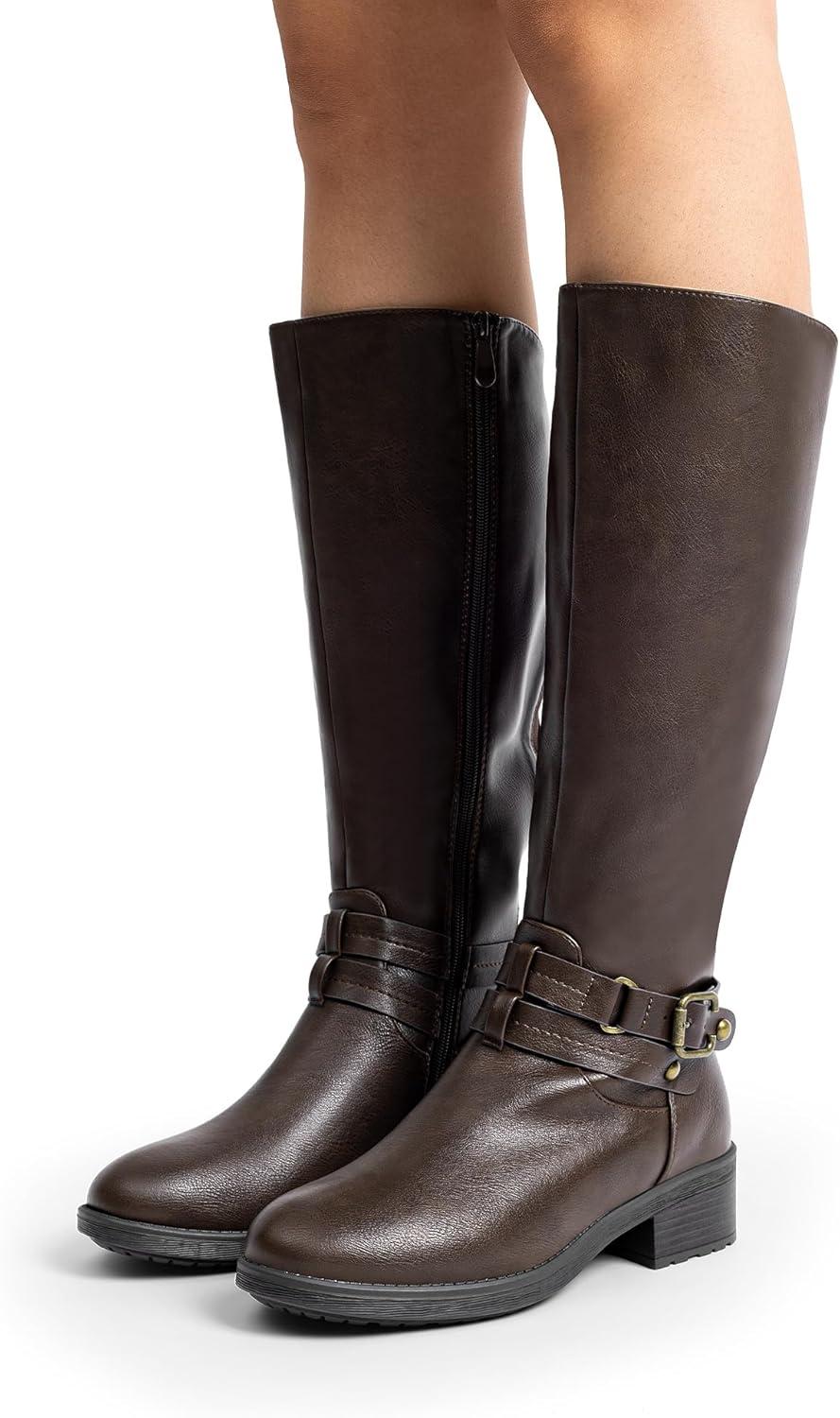 imageDREAM PAIRS Womens Knee High Boots Buckle Riding BootsBrown