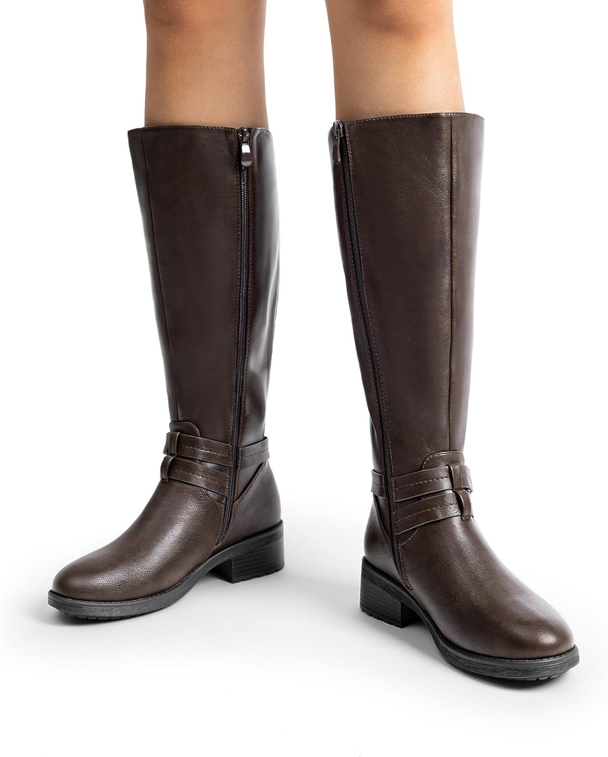 imageDREAM PAIRS Womens Knee High Boots Buckle Riding BootsBrown