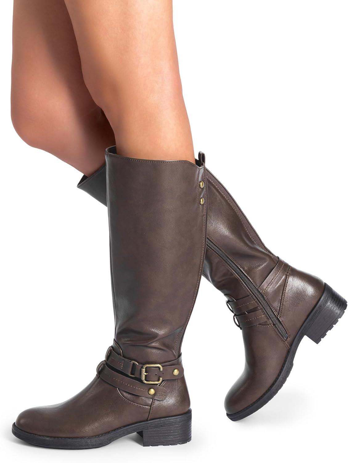 imageDREAM PAIRS Womens Knee High Boots Buckle Riding BootsBrown1