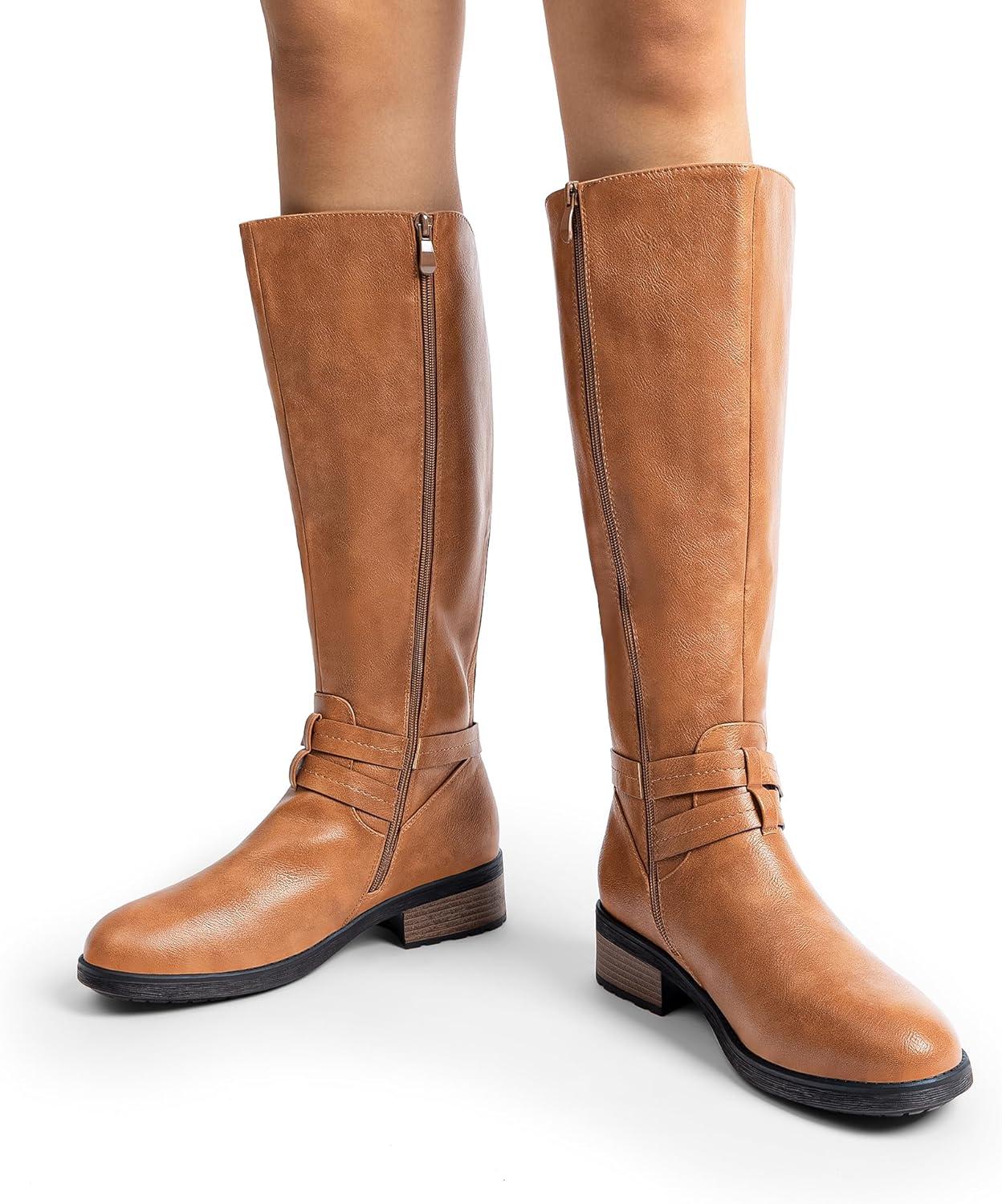 imageDREAM PAIRS Womens Knee High Boots Buckle Riding BootsCamelu