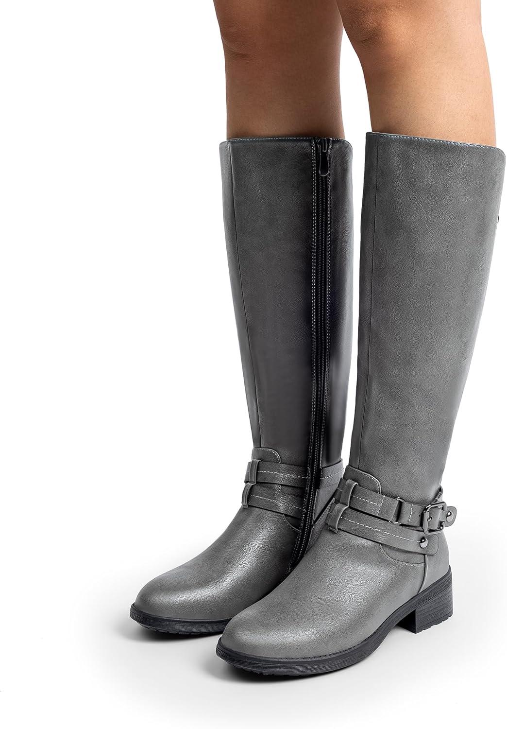 imageDREAM PAIRS Womens Knee High Boots Buckle Riding BootsGrey