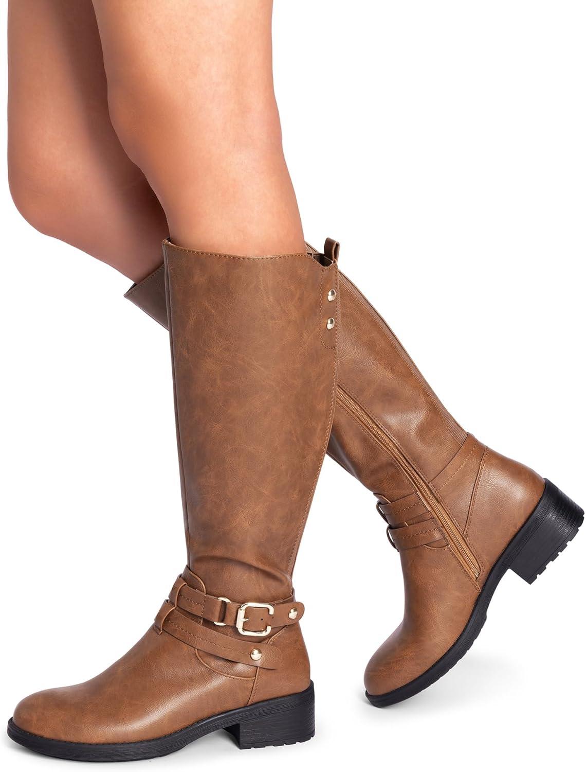 imageDREAM PAIRS Womens Knee High Boots Buckle Riding BootsLight Brown