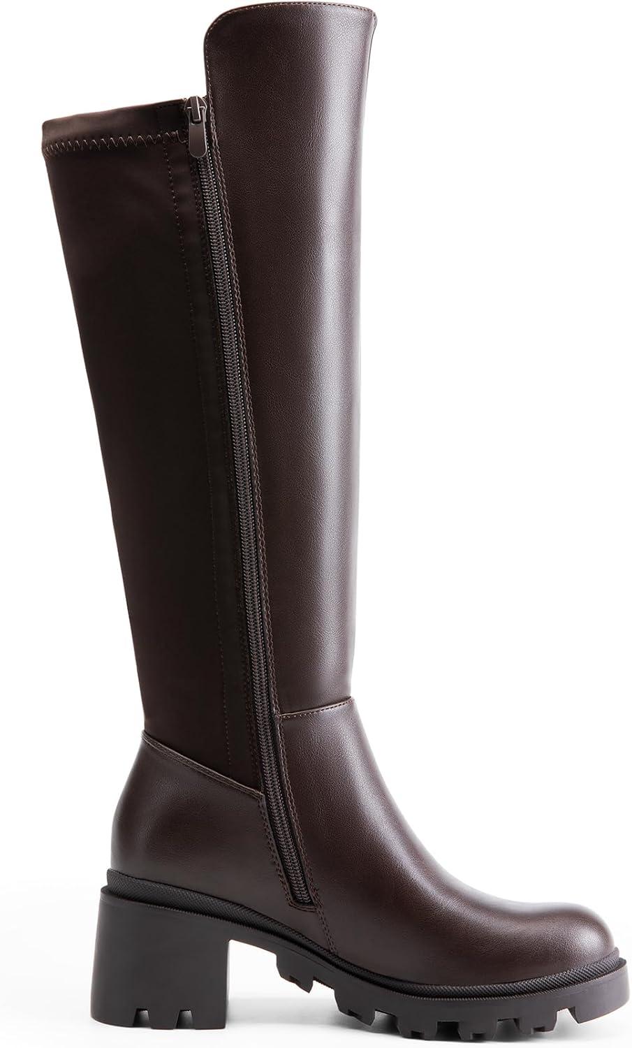 imageDREAM PAIRS Womens Knee High Boots Comfortable Platform Round Toe Stretch Boots for WomenBrownpu