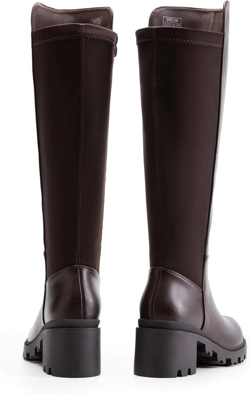 imageDREAM PAIRS Womens Knee High Boots Comfortable Platform Round Toe Stretch Boots for WomenBrownpu