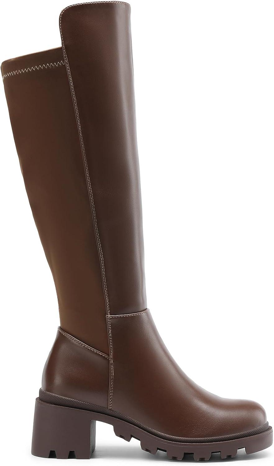 imageDREAM PAIRS Womens Knee High Boots Comfortable Platform Round Toe Stretch Boots for WomenLight Brown