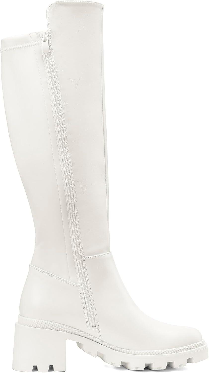 imageDREAM PAIRS Womens Knee High Boots Comfortable Platform Round Toe Stretch Boots for WomenWhite