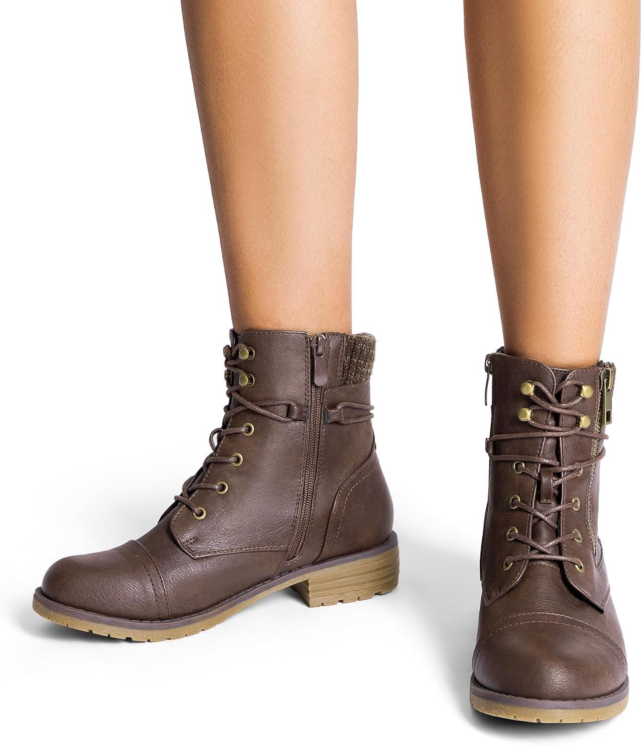 imageDREAM PAIRS Womens Lace Up Combat boots Ankle BootiesBrown