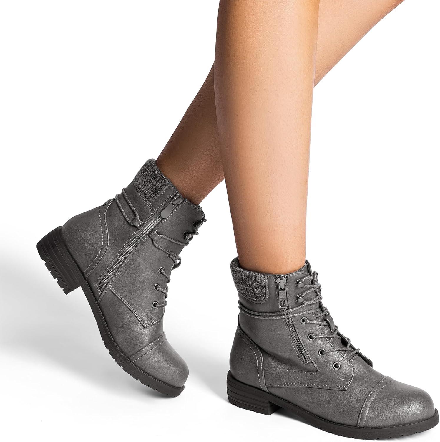 imageDREAM PAIRS Womens Lace Up Combat boots Ankle BootiesGrey