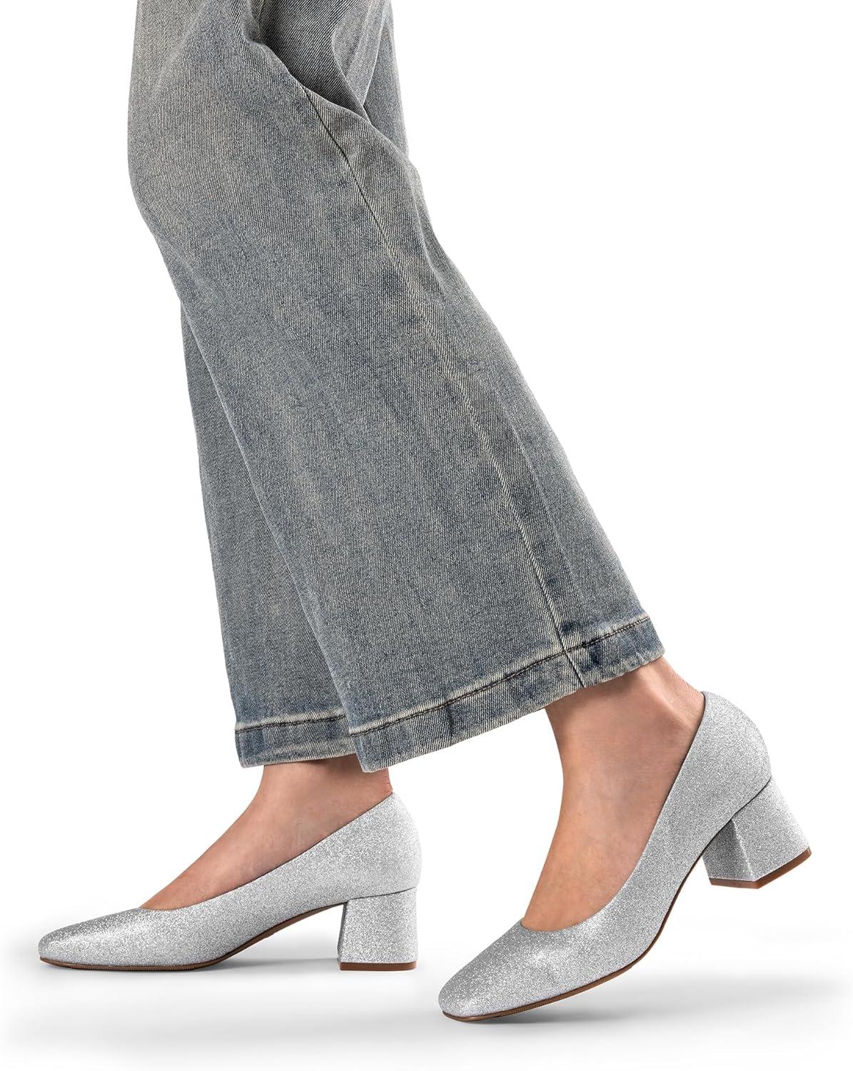 imageDREAM PAIRS Womens Low Chunky Heels Square Toe Pumps Comfortable Slip On Dress Shoes Wedding Party Office ShoesSilverglitter