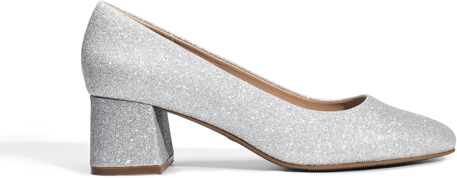 imageDREAM PAIRS Womens Low Chunky Heels Square Toe Pumps Comfortable Slip On Dress Shoes Wedding Party Office ShoesSilverglitter