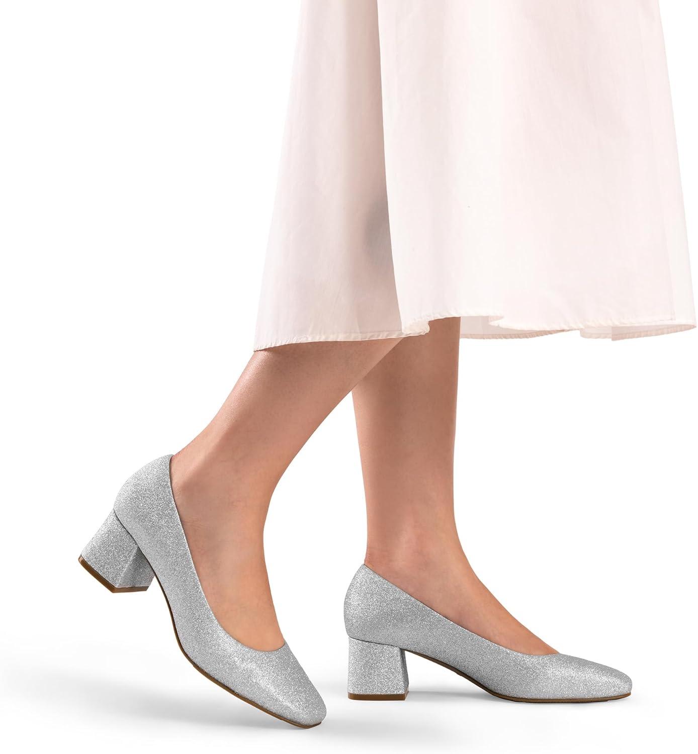 imageDREAM PAIRS Womens Low Chunky Heels Square Toe Pumps Comfortable Slip On Dress Shoes Wedding Party Office ShoesSilverglitter