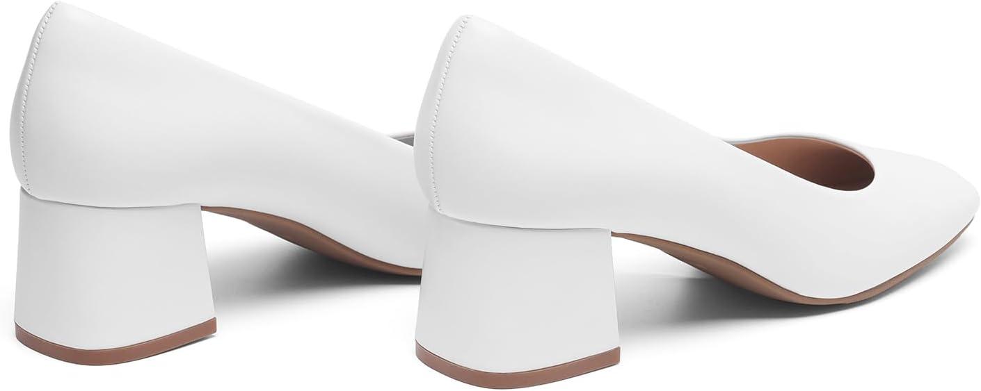 imageDREAM PAIRS Womens Low Chunky Heels Square Toe Pumps Comfortable Slip On Dress Shoes Wedding Party Office ShoesWhite