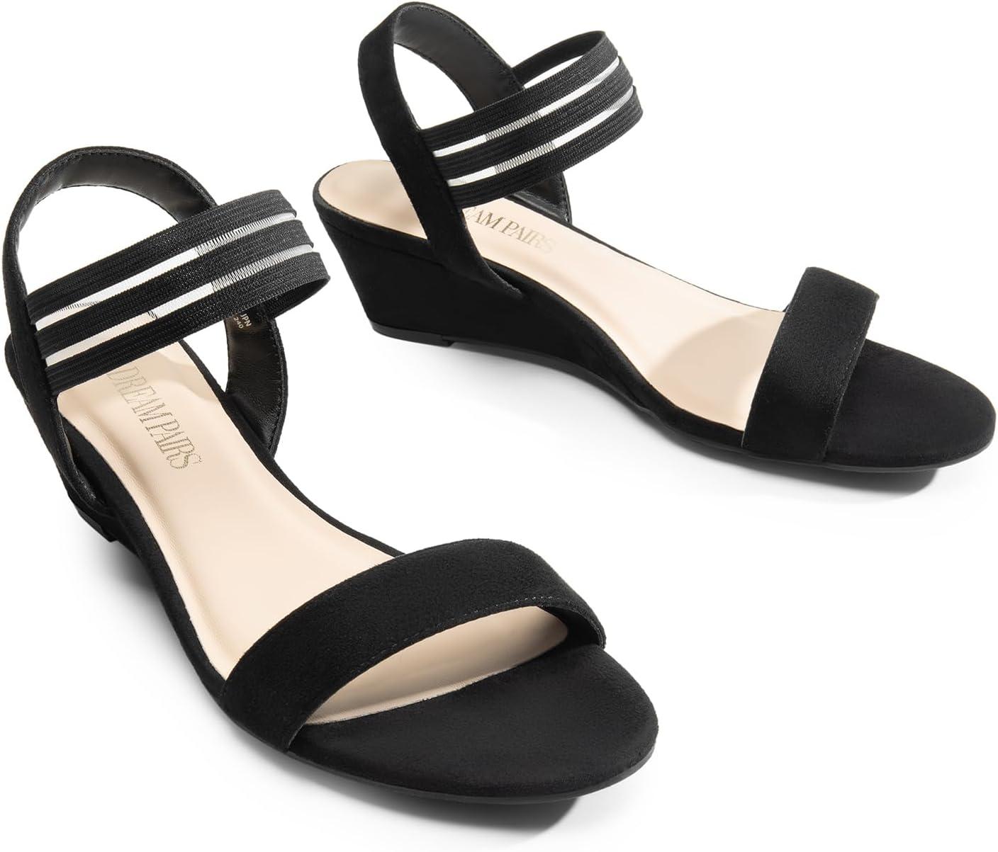imageDREAM PAIRS Womens Low Heel Wedge Sandals Comfortable SlipOn Elastic Ankle Strap Summer Business Casual Dress ShoesBlacksuede