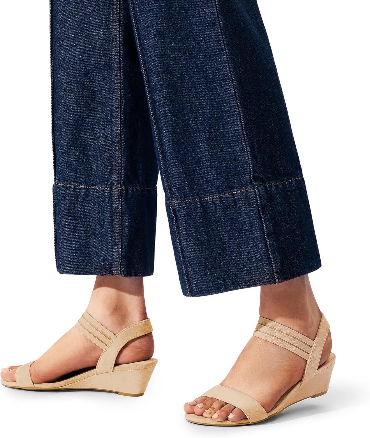 imageDREAM PAIRS Womens Low Heel Wedge Sandals Comfortable SlipOn Elastic Ankle Strap Summer Business Casual Dress ShoesNudesuede