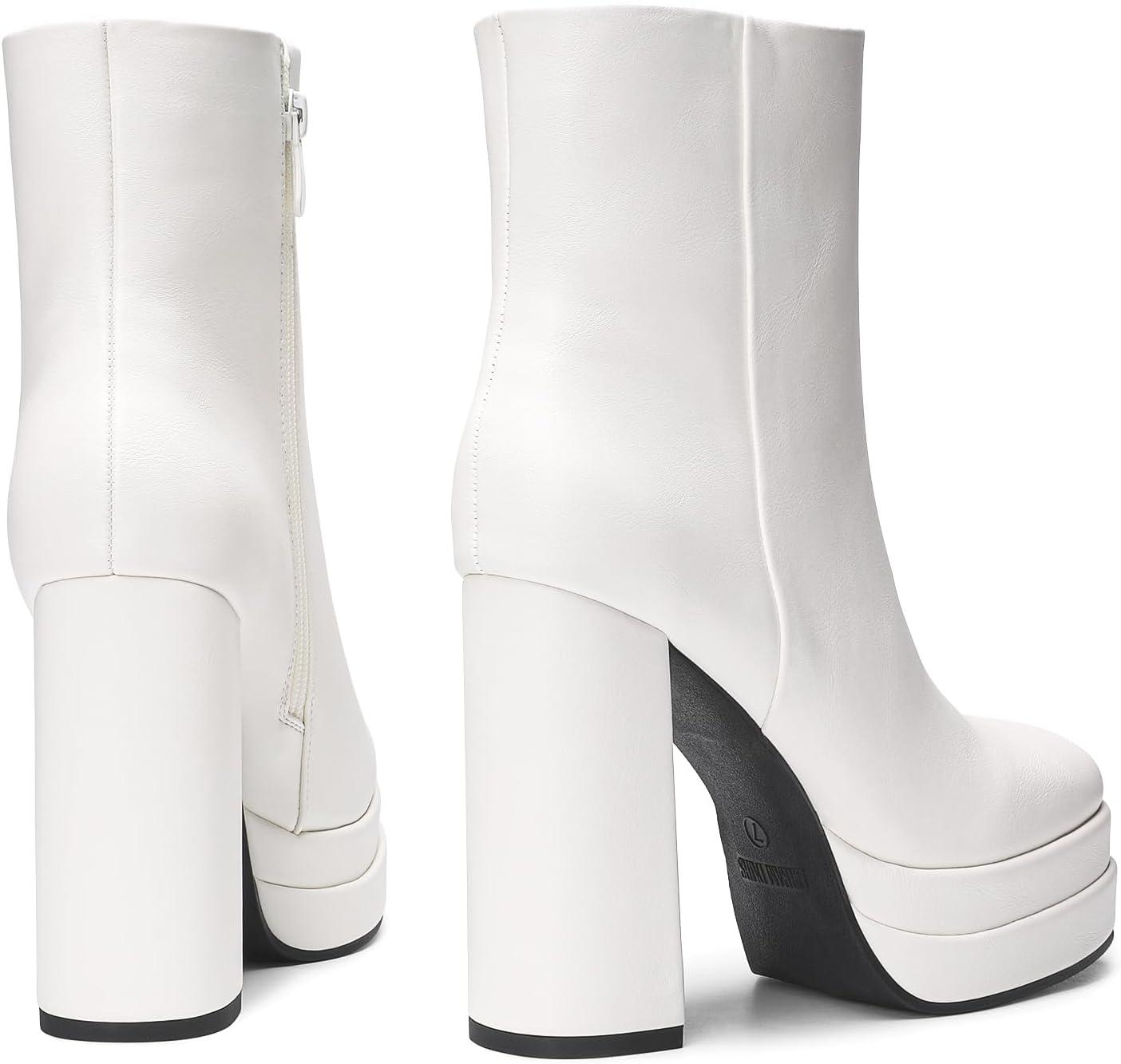 imageDREAM PAIRS Womens Platform Gogo Ankle Boots High Chunky Heels Square Toe Comfort Party Dress Booties Shoes for WomenWhite