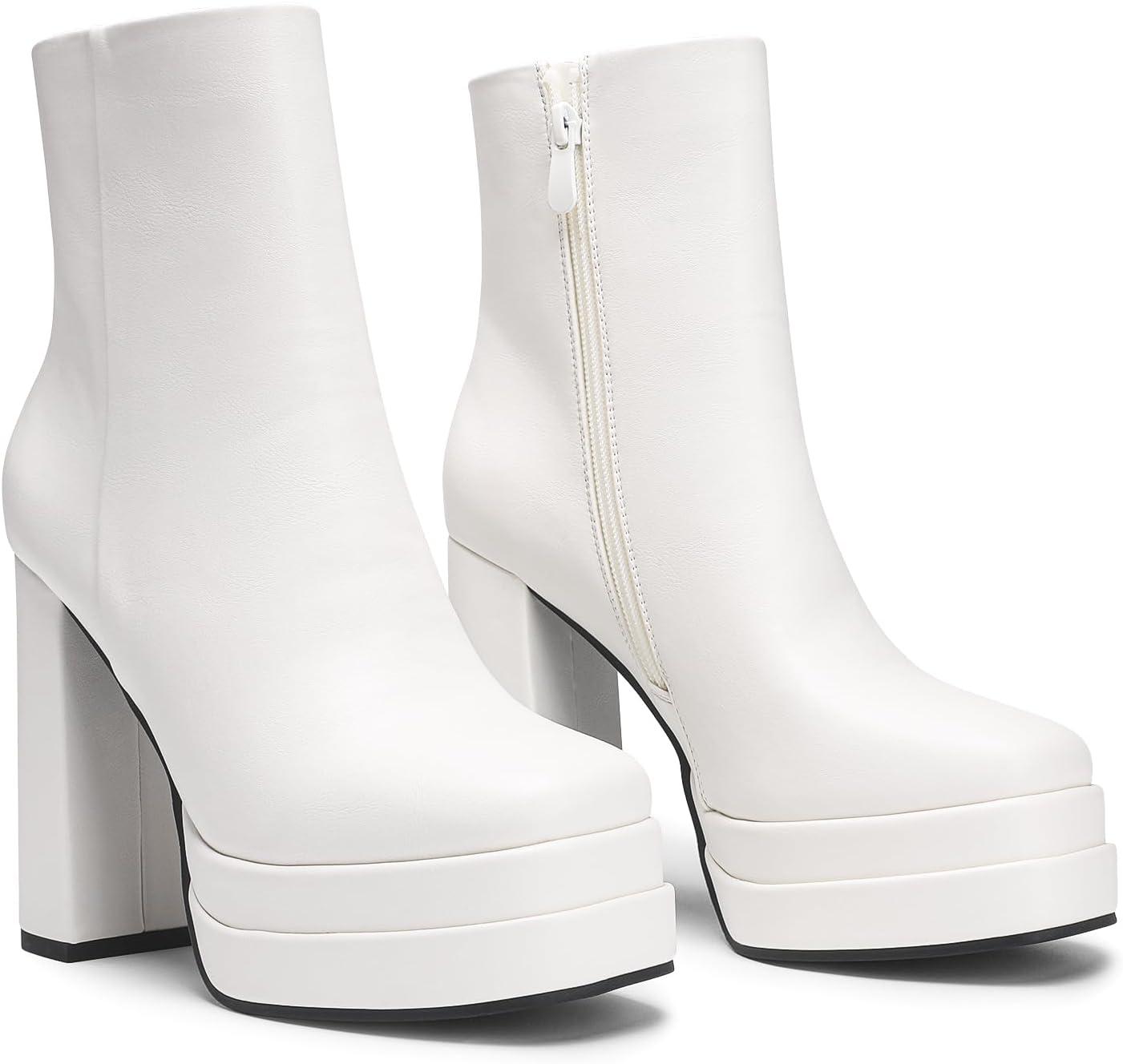 imageDREAM PAIRS Womens Platform Gogo Ankle Boots High Chunky Heels Square Toe Comfort Party Dress Booties Shoes for WomenWhite