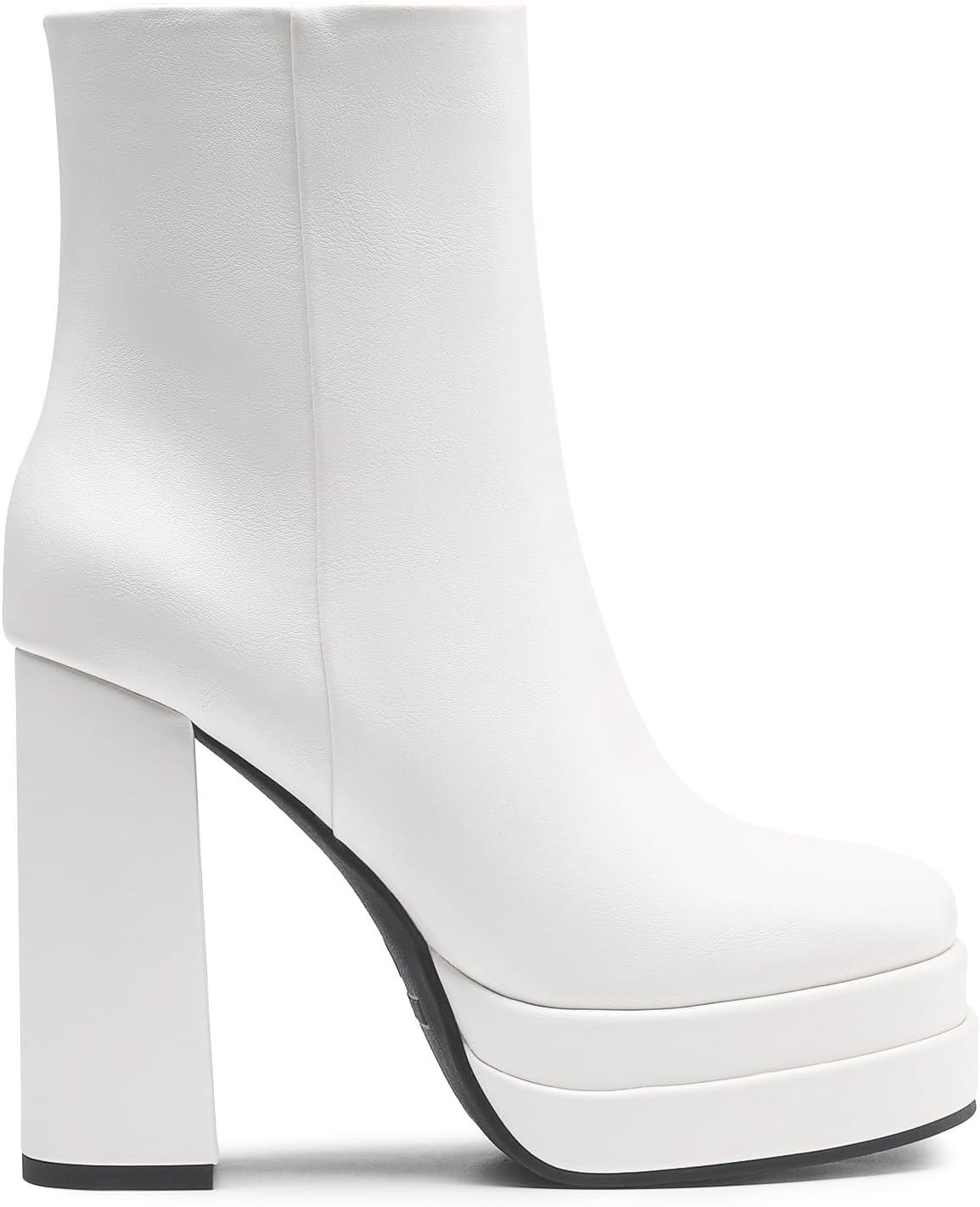 imageDREAM PAIRS Womens Platform Gogo Ankle Boots High Chunky Heels Square Toe Comfort Party Dress Booties Shoes for WomenWhite