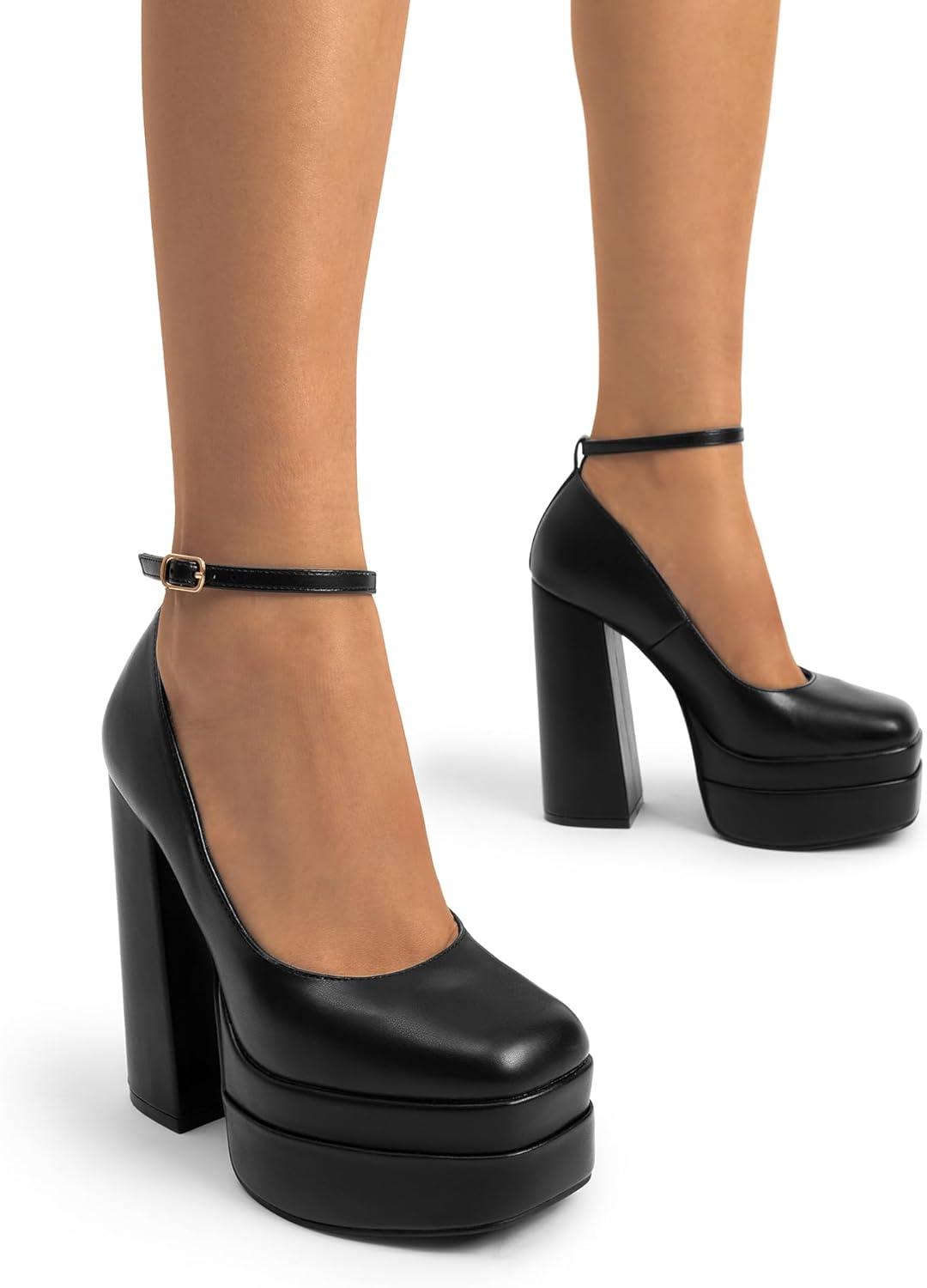 imageDREAM PAIRS Womens Platform High Heels Closed Toe Chunky Block Pumps Square Toe Ankle Strap Dress Fashion Party Y2K ShoesBlackpu