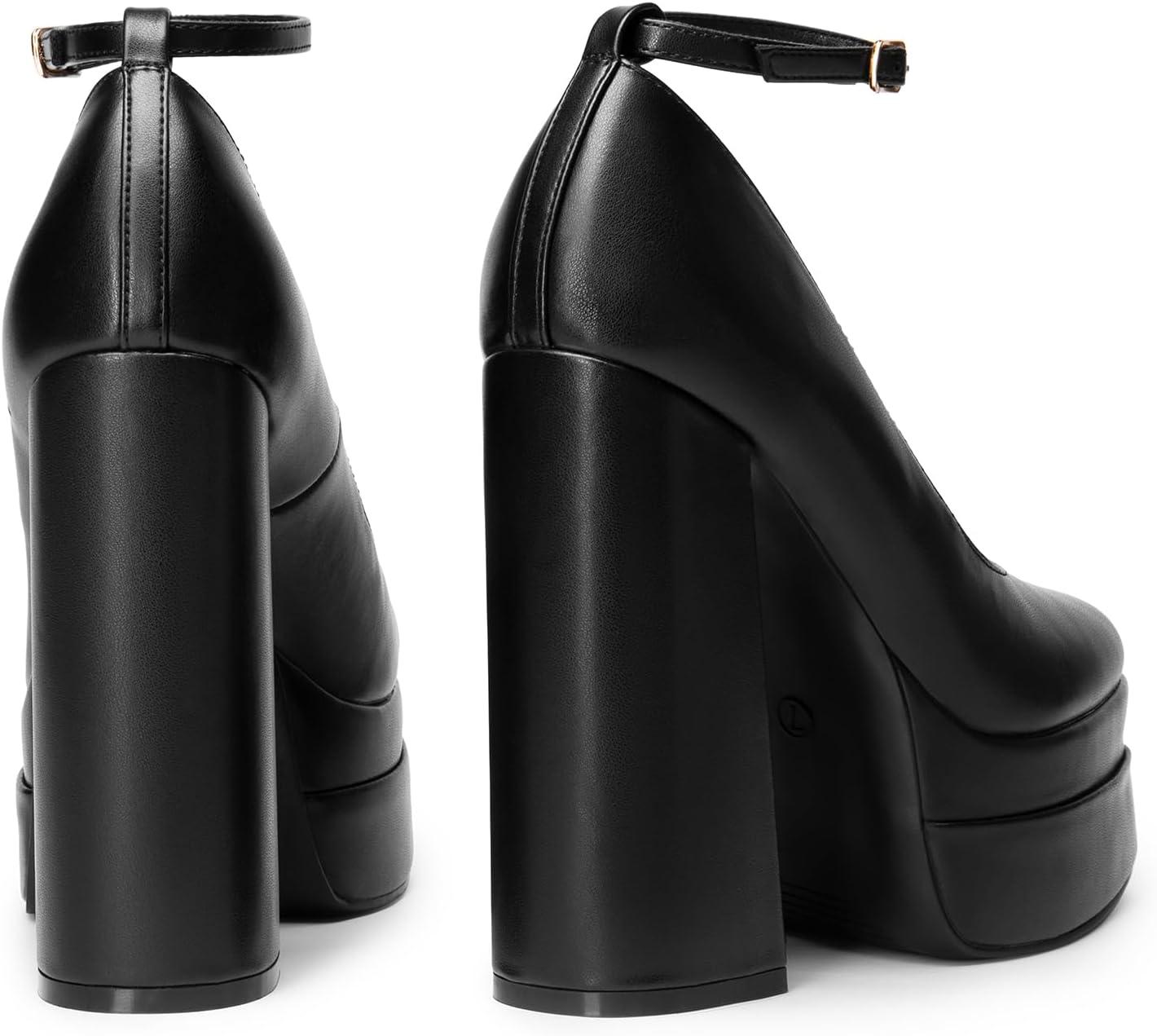 imageDREAM PAIRS Womens Platform High Heels Closed Toe Chunky Block Pumps Square Toe Ankle Strap Dress Fashion Party Y2K ShoesBlackpu