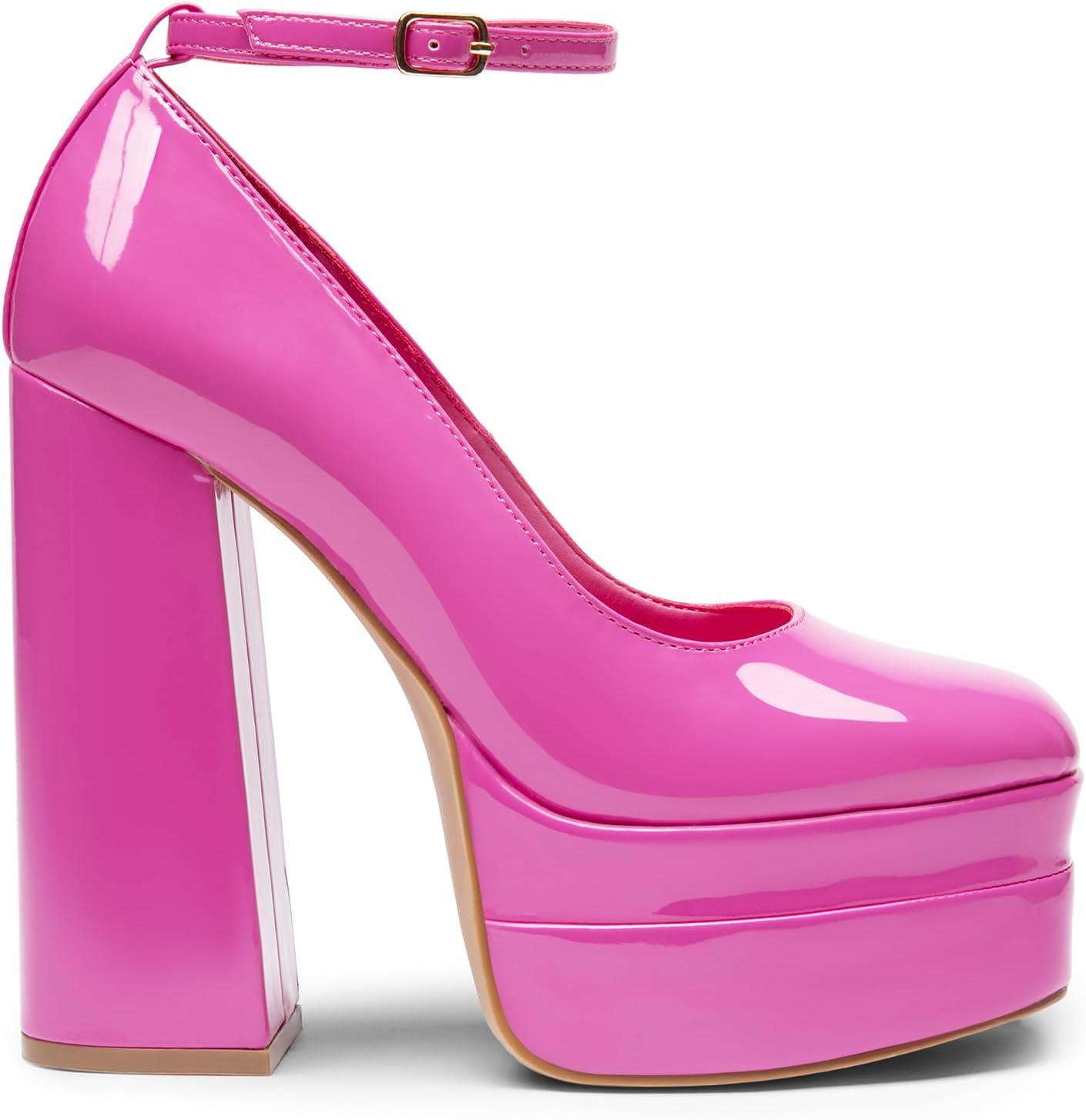 imageDREAM PAIRS Womens Platform High Heels Closed Toe Chunky Block Pumps Square Toe Ankle Strap Dress Fashion Party Y2K ShoesHot Pinkpat