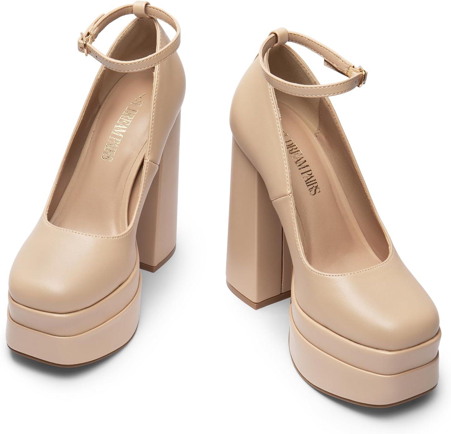 imageDREAM PAIRS Womens Platform High Heels Closed Toe Chunky Block Pumps Square Toe Ankle Strap Dress Fashion Party Y2K ShoesNudepu