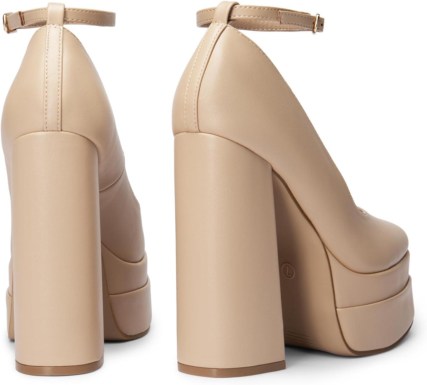 imageDREAM PAIRS Womens Platform High Heels Closed Toe Chunky Block Pumps Square Toe Ankle Strap Dress Fashion Party Y2K ShoesNudepu