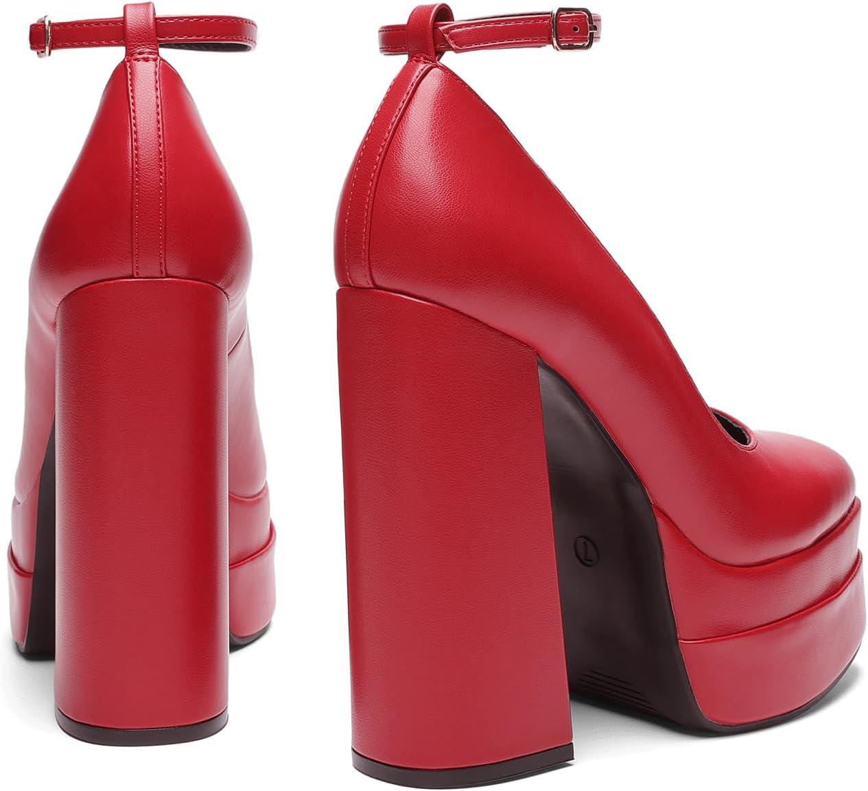 imageDREAM PAIRS Womens Platform High Heels Closed Toe Chunky Block Pumps Square Toe Ankle Strap Dress Fashion Party Y2K ShoesRedpu