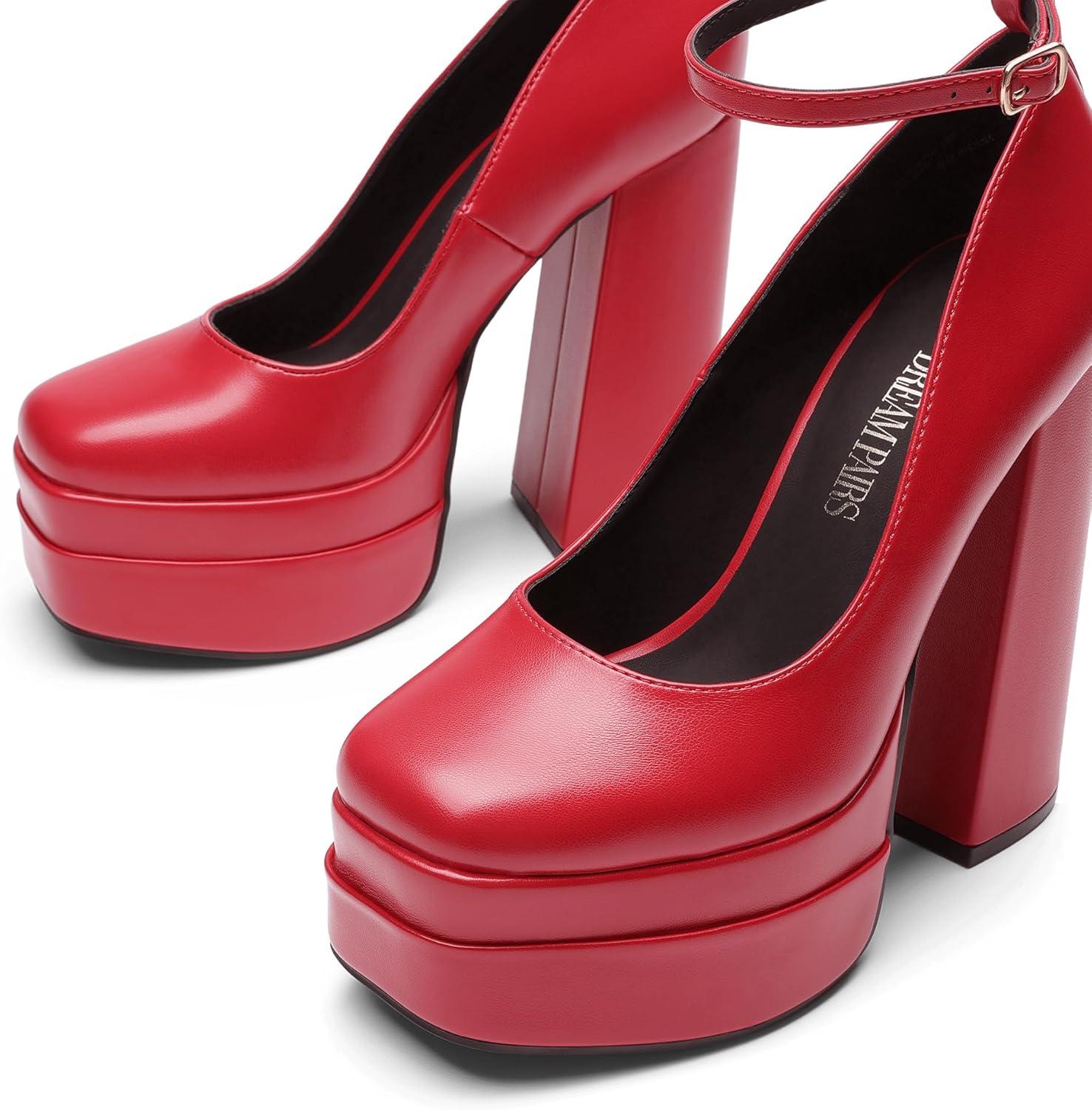 imageDREAM PAIRS Womens Platform High Heels Closed Toe Chunky Block Pumps Square Toe Ankle Strap Dress Fashion Party Y2K ShoesRedpu