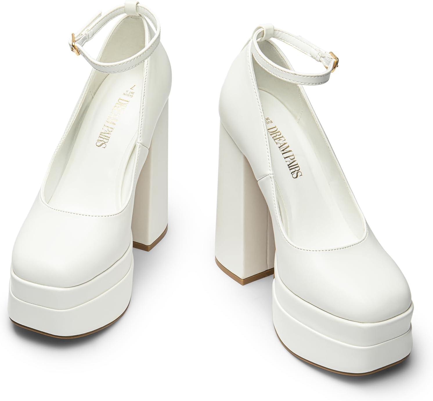 imageDREAM PAIRS Womens Platform High Heels Closed Toe Chunky Block Pumps Square Toe Ankle Strap Dress Fashion Party Y2K ShoesWhitepu