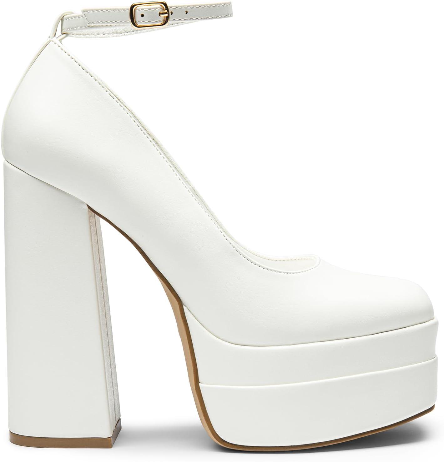 imageDREAM PAIRS Womens Platform High Heels Closed Toe Chunky Block Pumps Square Toe Ankle Strap Dress Fashion Party Y2K ShoesWhitepu