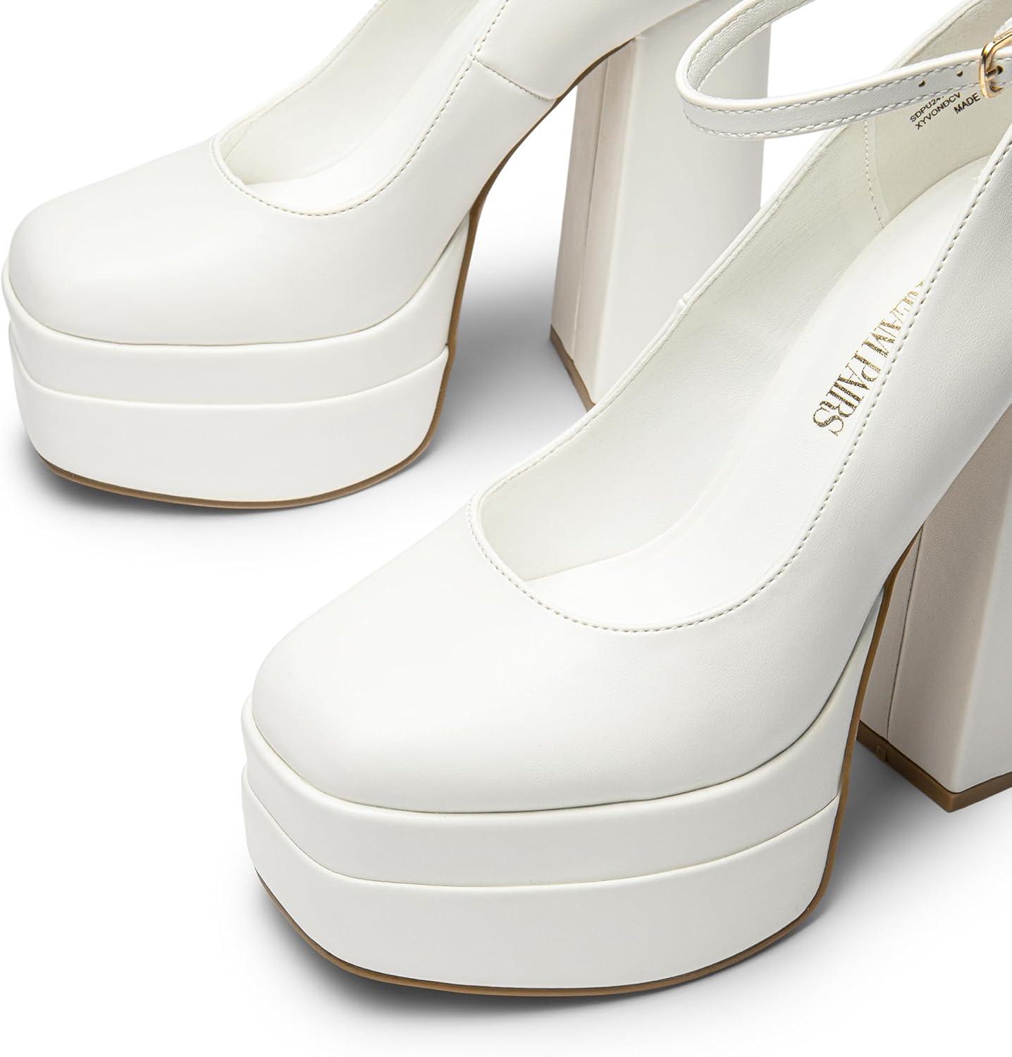 imageDREAM PAIRS Womens Platform High Heels Closed Toe Chunky Block Pumps Square Toe Ankle Strap Dress Fashion Party Y2K ShoesWhitepu