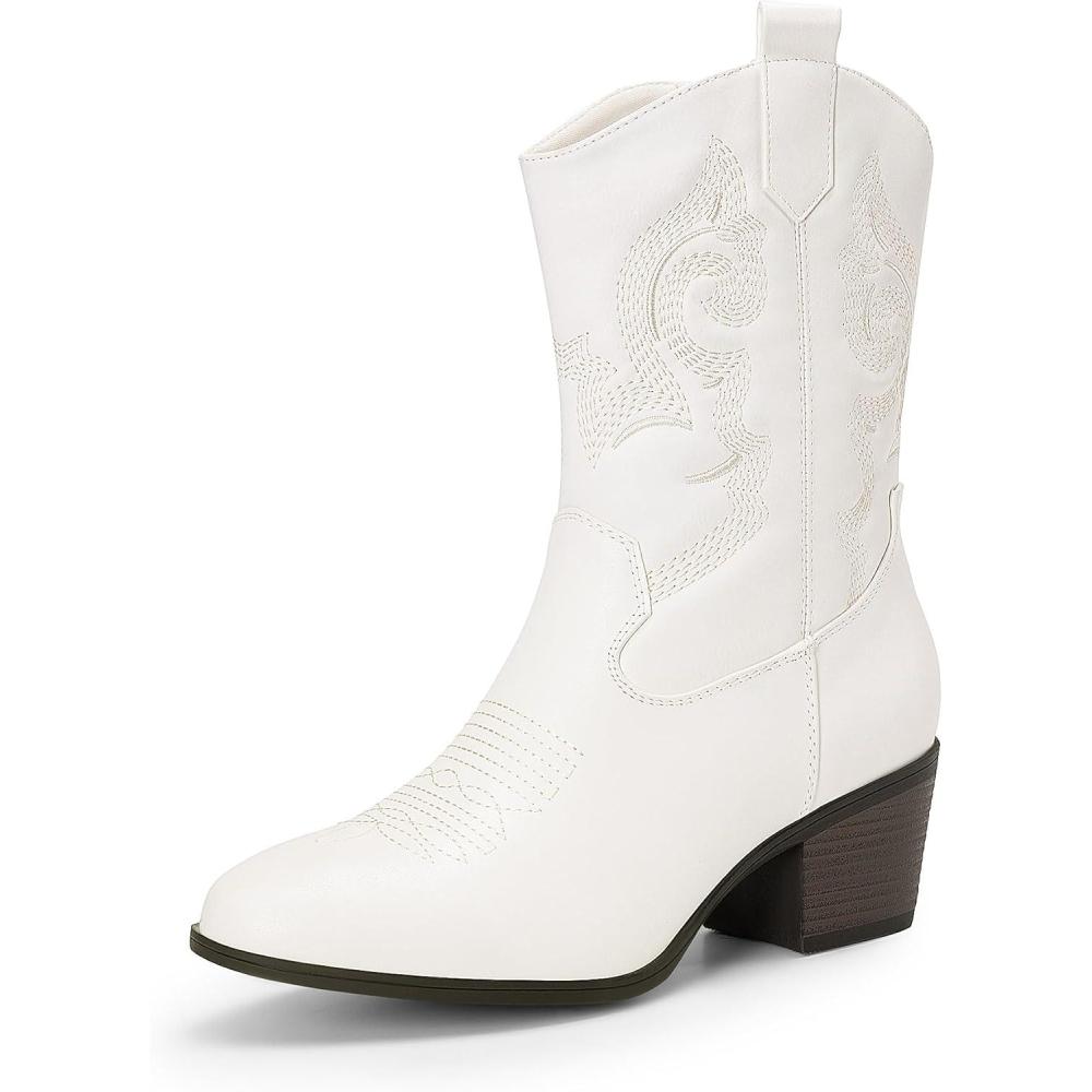 imageDREAM PAIRS Cowboy Boots for Women Mid Calf Cowgirl Boots with Embroidery Round Toe Western Chunky Low Heel ShoesWhite