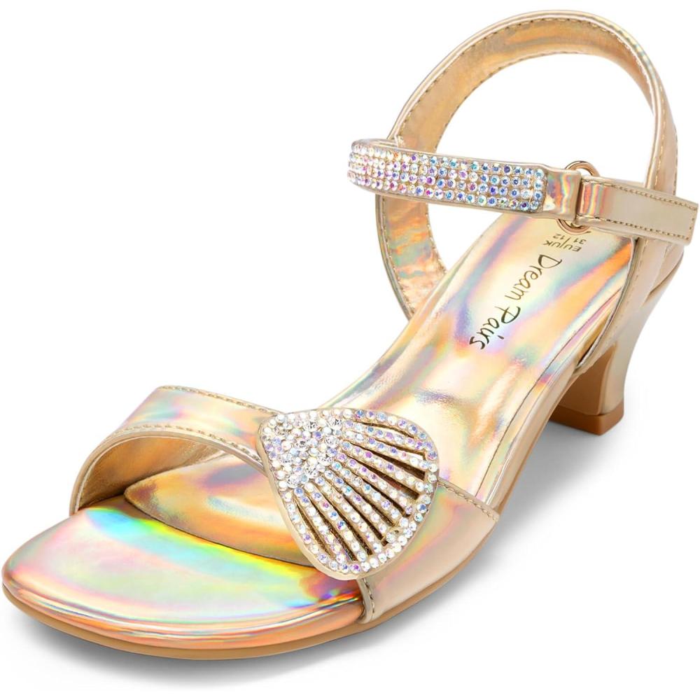 imageDREAM PAIRS Girls Sandals Ankle Strap Square Toe Low Heel Crystal Shell Wedding Party Flower Dress Shoes for Little KidsBig KidsGold