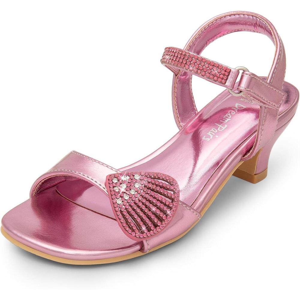 imageDREAM PAIRS Girls Sandals Ankle Strap Square Toe Low Heel Crystal Shell Wedding Party Flower Dress Shoes for Little KidsBig KidsPink