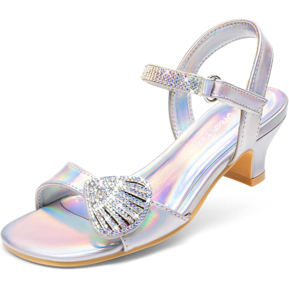imageDREAM PAIRS Girls Sandals Ankle Strap Square Toe Low Heel Crystal Shell Wedding Party Flower Dress Shoes for Little KidsBig KidsRainbowSilver