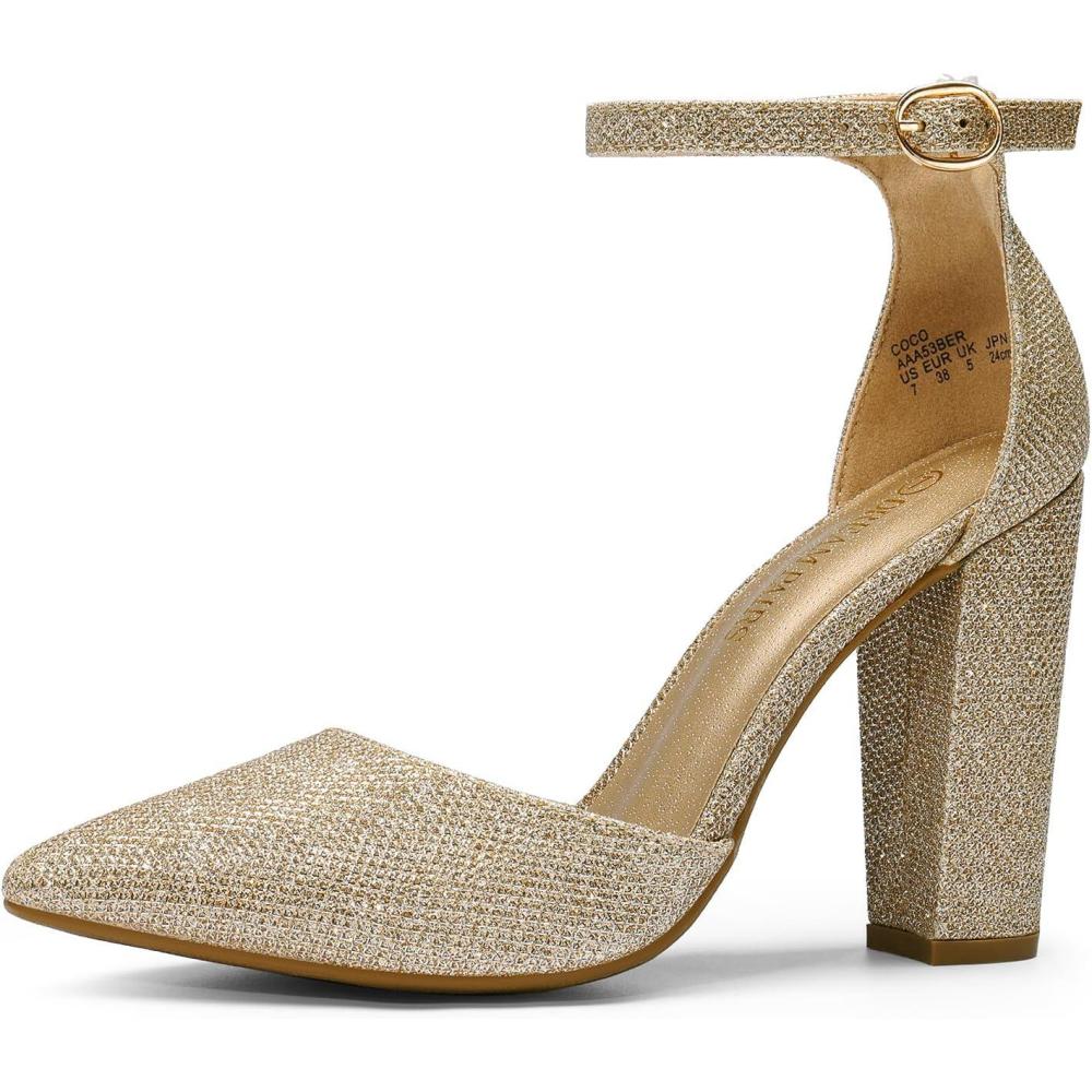 imageDREAM PAIRS Womens Coco High Heels Chunky Block Pumps Pointed Closed Toe Ankle Strap Dress ShoesGoldGlitter