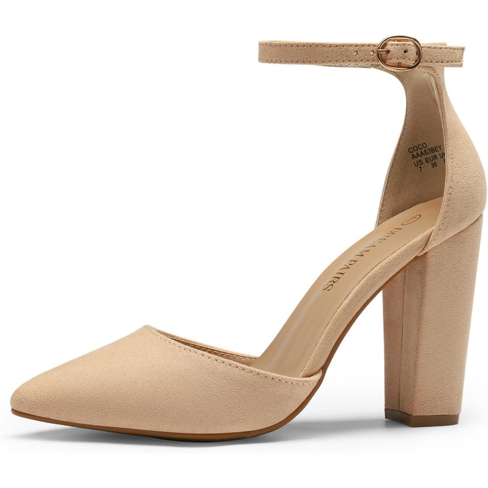 imageDREAM PAIRS Womens Coco High Heels Chunky Block Pumps Pointed Closed Toe Ankle Strap Dress ShoesNudeSuede