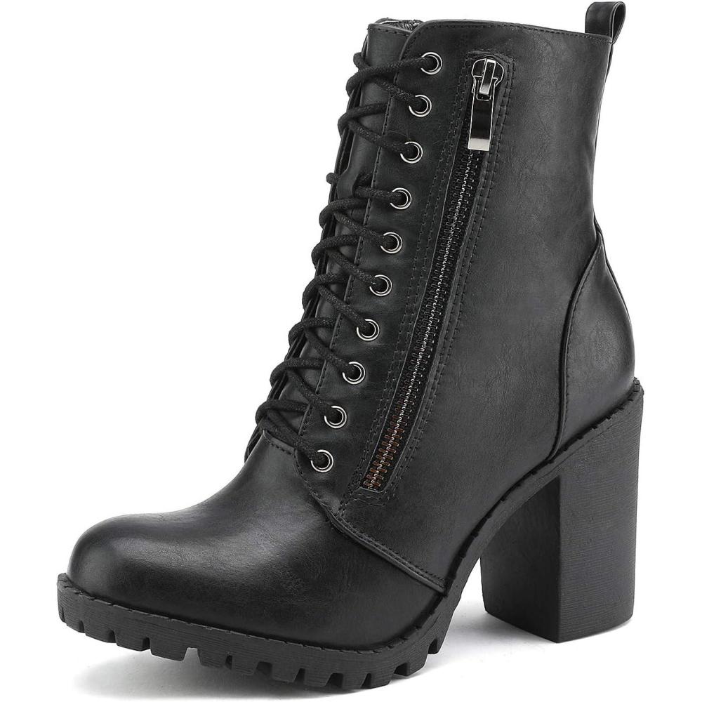 imageDREAM PAIRS Womens Combat Ankle Boots Chunky Heel Lace up Fashion Heeled BootiesBlack