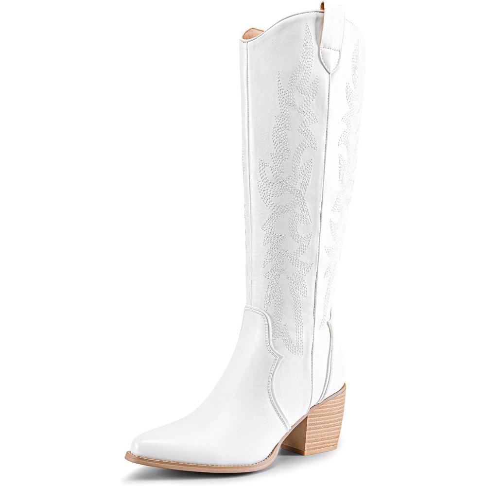 imageDREAM PAIRS Womens Cowboy Boots Wide Calf Comfortable Pull On Zipper Chunky Heel Pointed Toe Embroidered Western Cowgirl Knee High Boots Ladies Retro Tall BootWhite