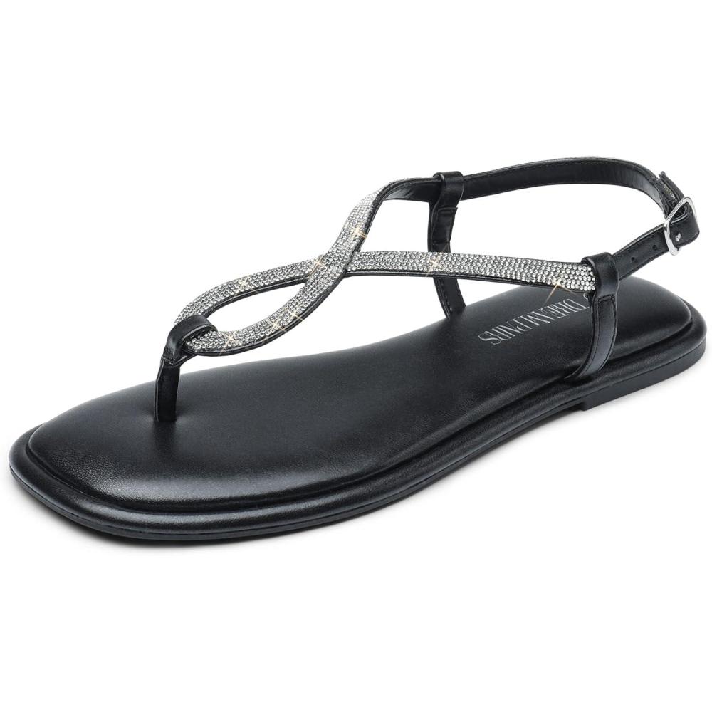 imageDREAM PAIRS Womens Flat Sandals Dressy Rhinestone Thong Ankle Strap Summer Gladiator SandalsBlack