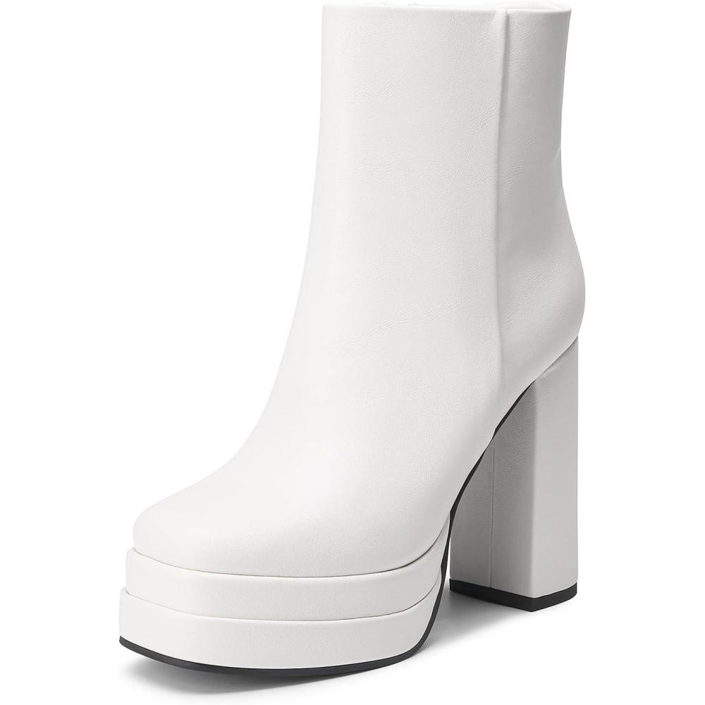 imageDREAM PAIRS Womens Platform Gogo Ankle Boots High Chunky Heels Square Toe Comfort Party Dress Booties Shoes for WomenWhite