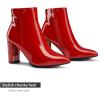 DREAM PAIRS Women’s Chunky Heel Ankle Booties Pointed Toe Short Boots(Red/Pat)