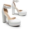 DREAM PAIRS Women’s Platform High Chunky Heels Closed Toe Block Ankle Strap Dress Buckle Round Toe Wedding Party Comfortable Pumps Shoes(White-pu)