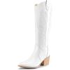 DREAM PAIRS Womens Cowboy Boots Wide Calf Comfortable Pull On Zipper Chunky Heel Pointed Toe Embroidered Western Cowgirl Knee High Boots Ladies Retro Tall Boot(White)